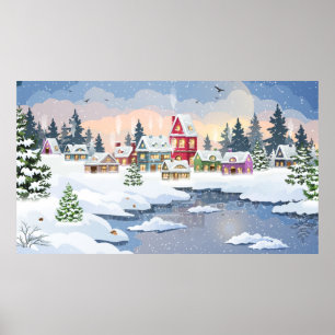 Affiche Winter Christmas landscape with snow-covered house