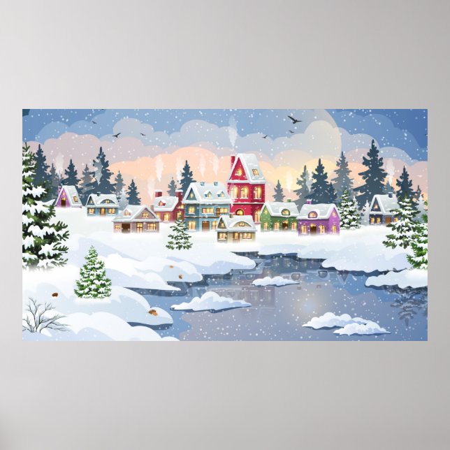 Affiche Winter Christmas landscape with snow-covered house (Devant)