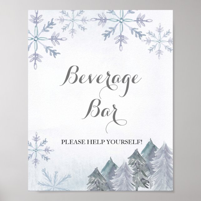 Affiche Winter forest snowflakes Beverage Bar Sign (Devant)