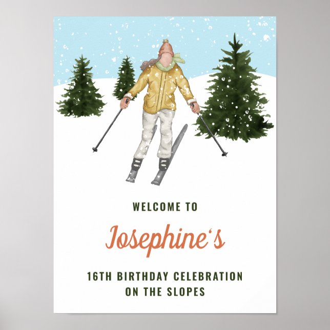 Affiche Winter Girl Skiing Downhill Ski Birthday Welcome (Devant)