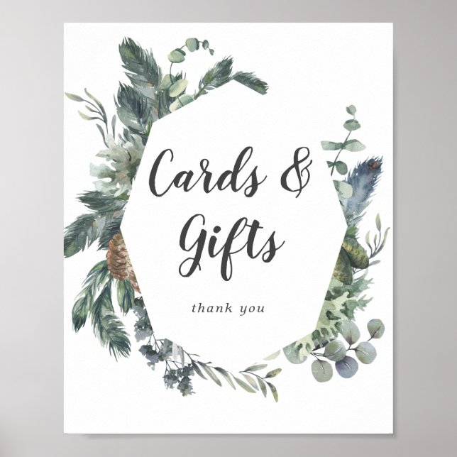Affiche Winter Greenery Wedding Cards and Gifts Sign (Devant)