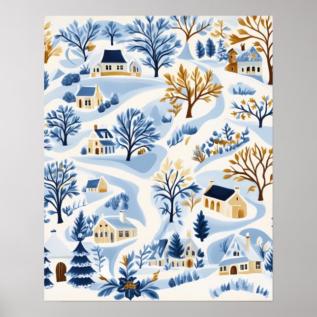 Affiche Winter Hillside Village with Cozy Cottages (Devant)