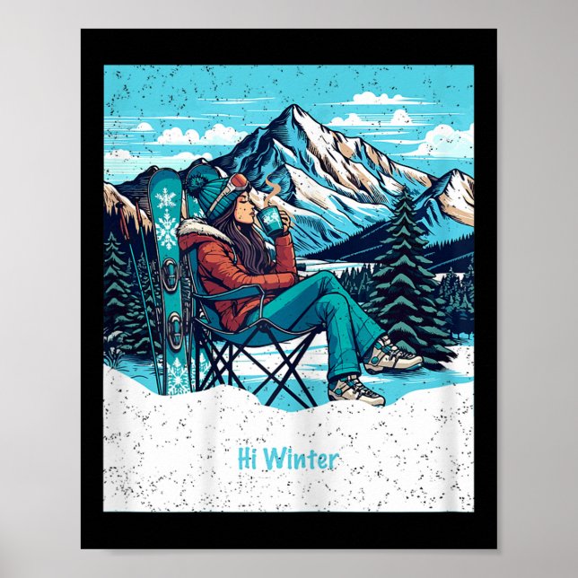 Affiche Winter Holiday Skier Woman Drinking Coffee Christm (Devant)