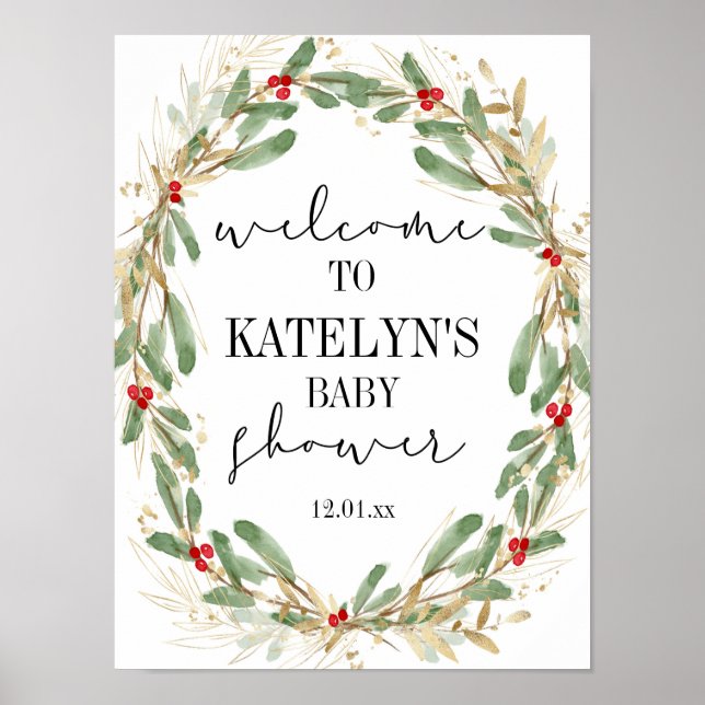 Affiche Winter Holly Baby Shower Welcome Sign Christmas (Devant)