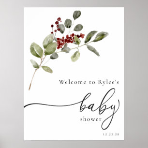 Affiche Winter Holly Branche Baby shower Welcome Mousse Bo