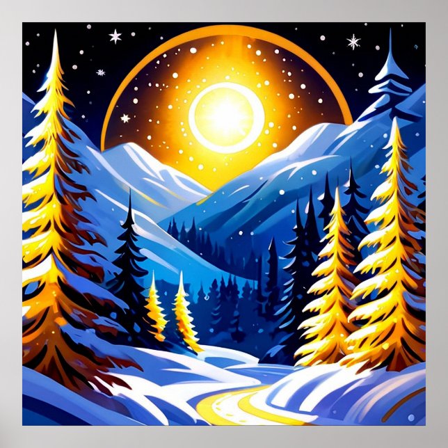 Affiche Winter Night Landscape With Snowy Mountains (Devant)