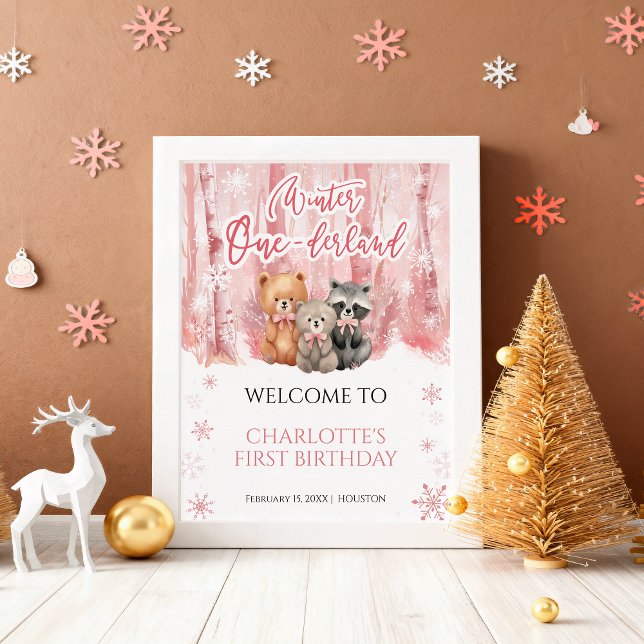 Affiche Winter Onederland Bear Pink First Welcome Sign (Créateur téléchargé)