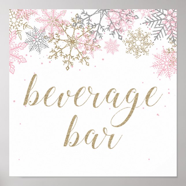 Affiche Winter Onederland Beverage Bar signe rose et or (Devant)