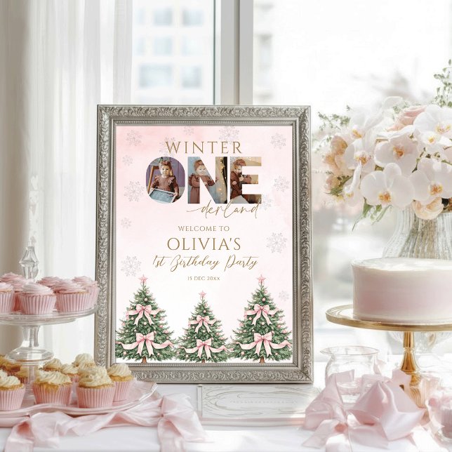 Affiche Winter Onederland Pink Bow 1st Birthday Welcome (Créateur téléchargé)