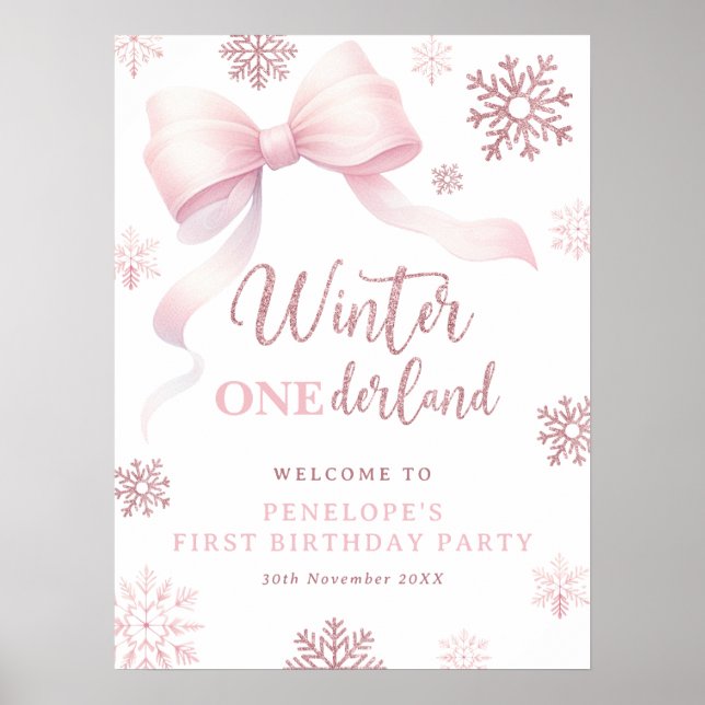 Affiche Winter Onederland Pink Bow 1st Birthday Welcome (Devant)