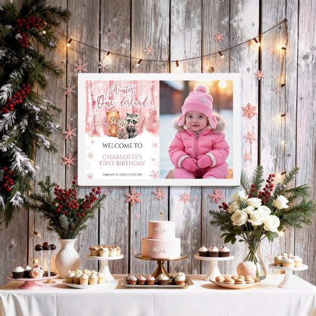 Affiche Winter Onederland Pink First Photo Welcome Sign (Créateur téléchargé)