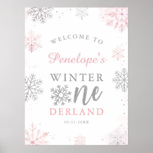 Affiche Winter Onederland Pink Silver 1er anniversaire Bie