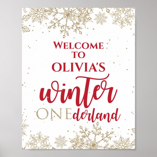 Affiche Winter Onederland Rouge 1er Anniversaire Gold Snow (Devant)