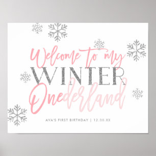 Affiche Winter ONEderland Silver Glitter Pink Welcome Sign