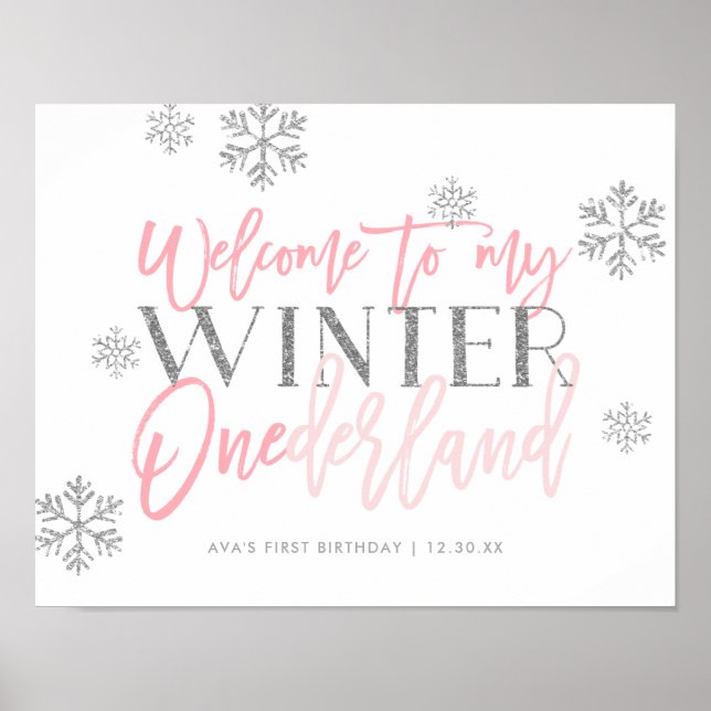 Affiche Winter ONEderland Silver Glitter Pink Welcome Sign (Devant)