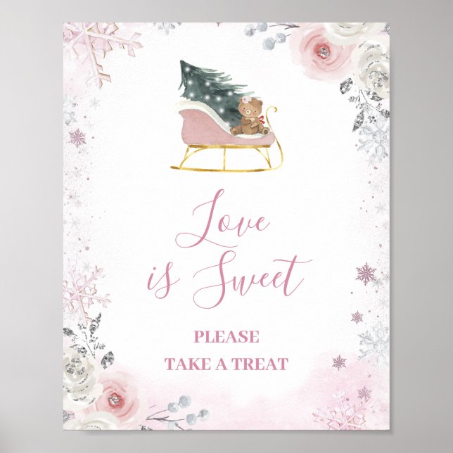 Affiche Winter Pastel Pink Snowflake Sleigh Love is Sweet (Devant)