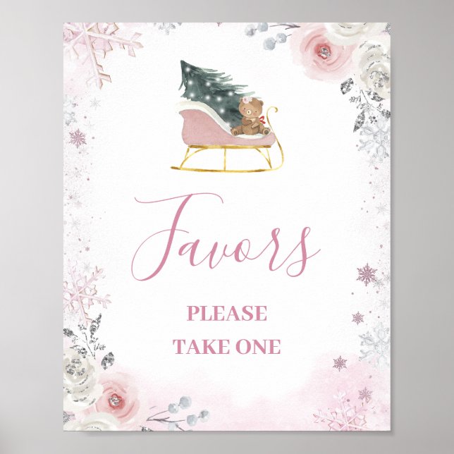 Affiche Winter Pink Snowflake Sleigh Baby Shower Favors (Devant)
