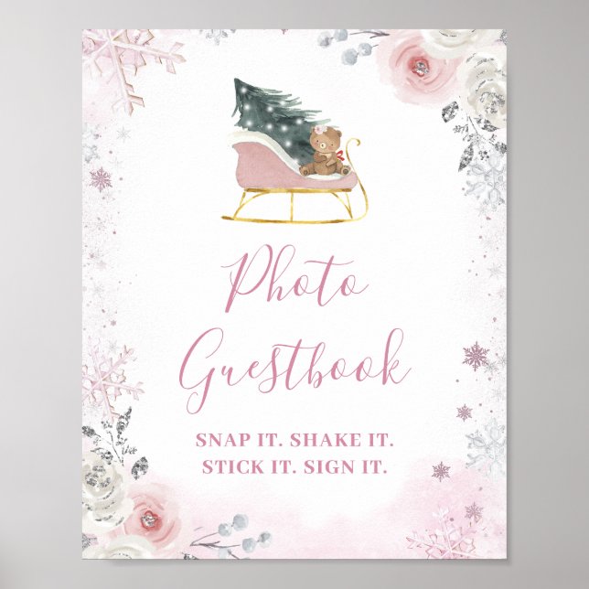 Affiche Winter Pink Snowflake Sleigh Photo Guestbook (Devant)