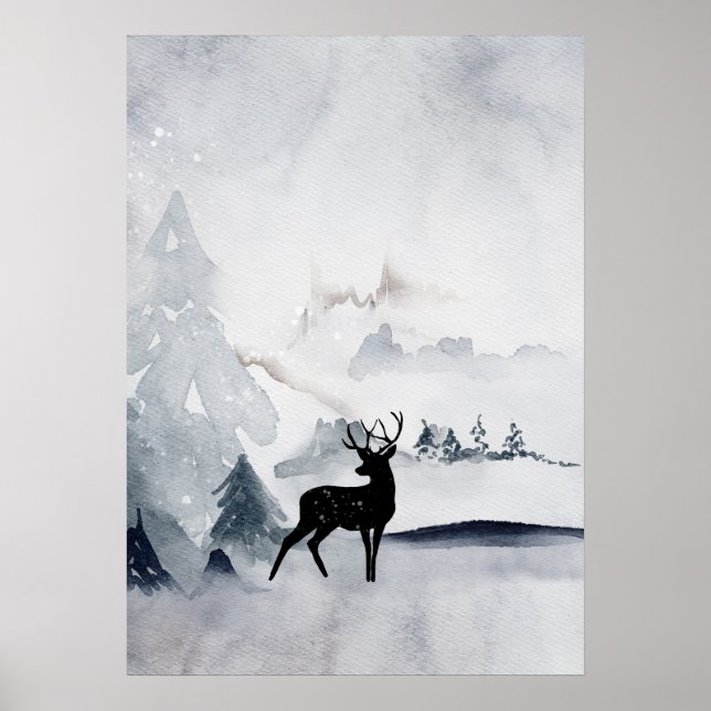 Affiche Winter Reindeer Rustic Gray Watercolor (Devant)