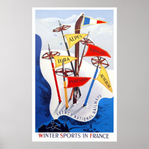 Affiche Winter sports in France, vintage travel