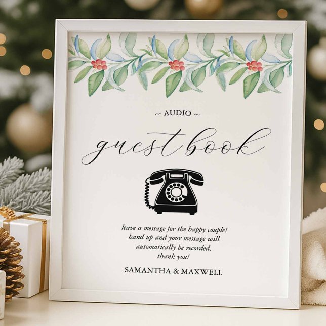 Affiche Winter Wedding Audio Guest Book Sign (Winter wedding audio guestbook sign with watercolor botanicals.)