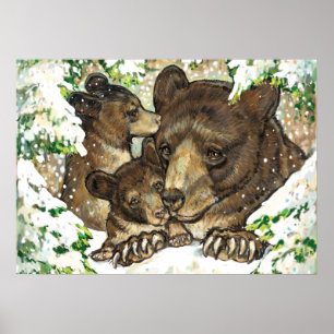 Affiche Winter Wildlife Art Black Bear Mère et petits