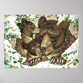 Affiche Winter Wildlife Art Black Bear Mère et petits