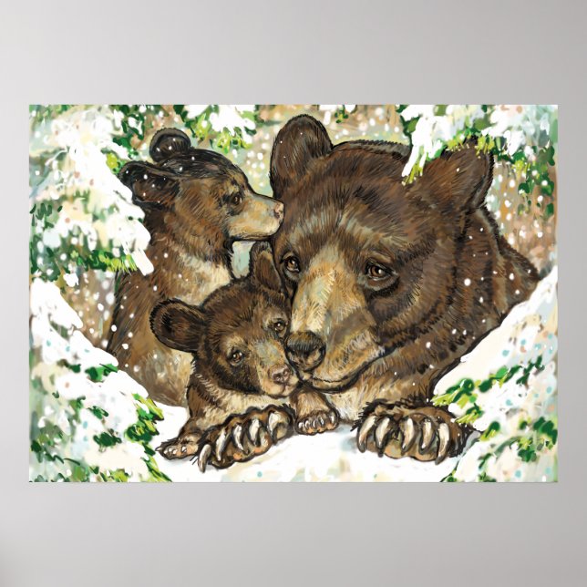 Affiche Winter Wildlife Art Black Bear Mère et petits (Devant)