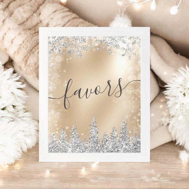 Affiche Winter Wonderland Gold Fête des mariées d'argent f (Winter Wonderland Gold Silver Bridal Shower Favors Poster)