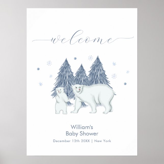 Affiche Winter Woodland Polar Bear Baby Shower Welcome (Devant)