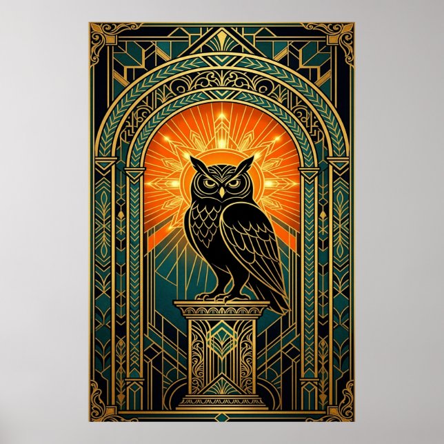 Affiche Wise Owl Silhouette Art Deco Midnight Gold (Devant)