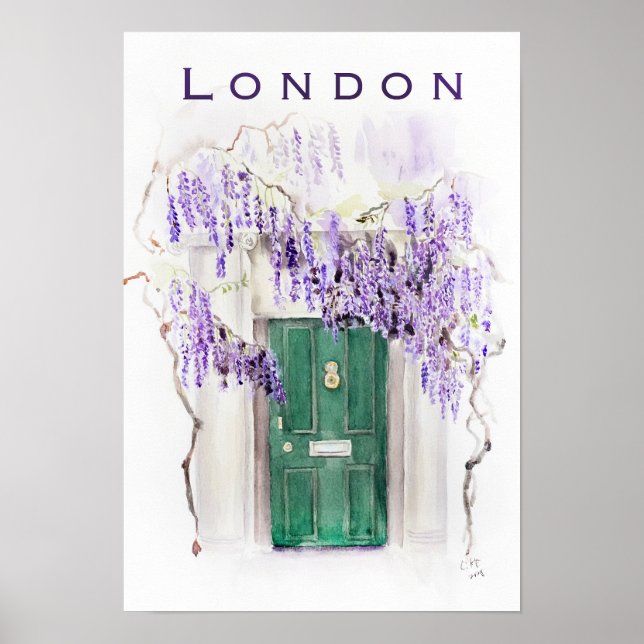 Affiche Wisteria season in London green door watercolour  (Devant)