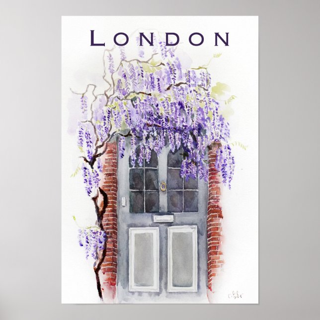 Affiche Wisteria season in London grey door watercolour  (Devant)