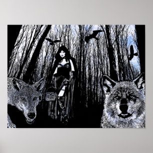 Affiche Witch and werewolves in the forest silhouette art