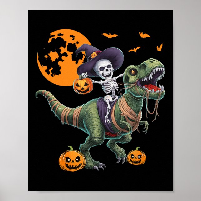 Affiche Witch Skeleton Riding Dinosaur T Rex Halloween Fun (Devant)
