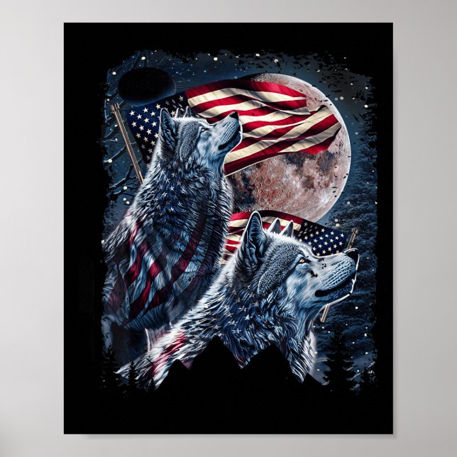 Affiche Wolf 4 juillet Drapeau Américain Howves Wolves Und (Devant)