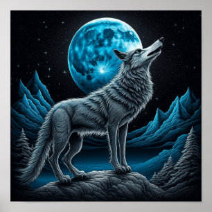 Affiche Wolf debout devant la Pleine lune   Art AI