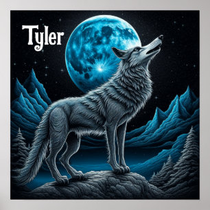 Affiche Wolf debout devant la Pleine lune   Art AI