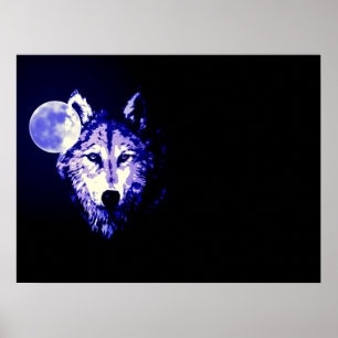 Affiche Wolf Fullmoon Blue Black