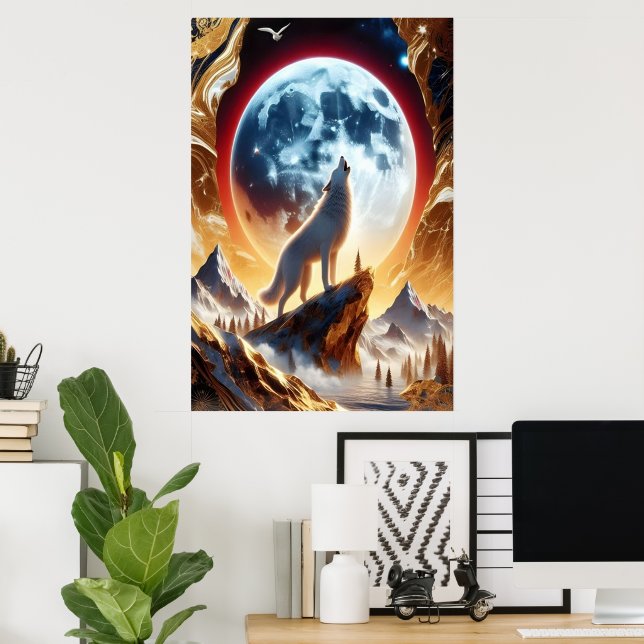 Affiche Wolf Howling à la Lune Crimson (Bureau à domicile)