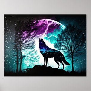 Affiche Wolf Howling à la lune Galaxy Stars Animal