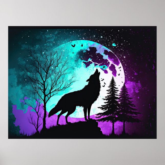 Affiche Wolf Howling à la lune Galaxy Stars Animal (Devant)