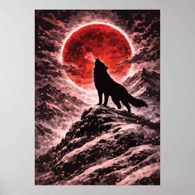 Affiche Wolf Howling In Red Moon Light - Japanese Art (Devant)