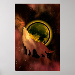 AFFICHE WOLF HOWLING IN SPACE MOON GALAXY  