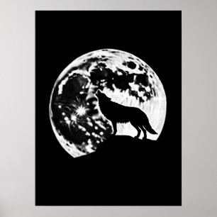 Affiche Wolf Howling Silhouetté contre une Pleine lune