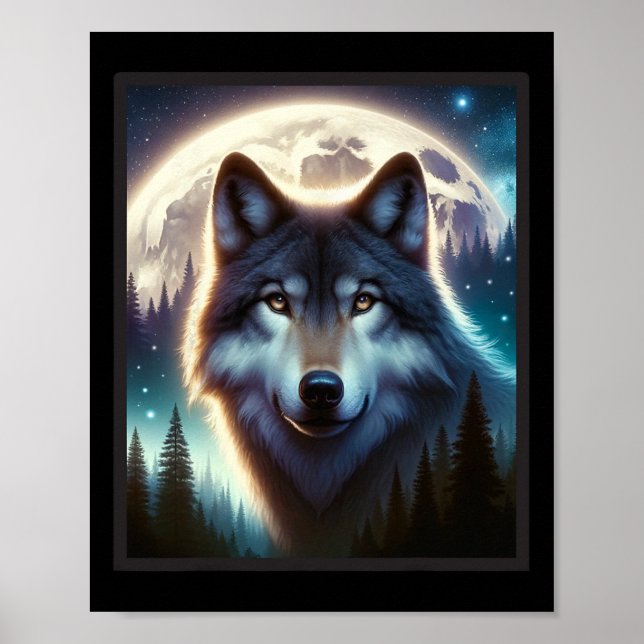 Affiche Wolf Icy Moon Galaxy Chasse Gris Gris Loups Pour (Devant)