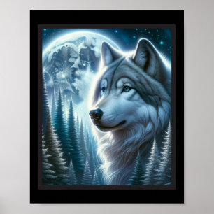 Affiche Wolf Icy Moon Galaxy Chasse Gris Gris Loups Pour