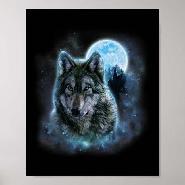 Affiche Wolf Icy Moon Galaxy Chasse Gris Gris Loups Pour (Devant)