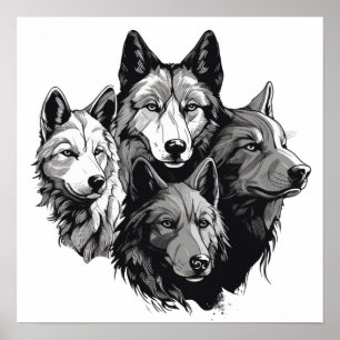 Affiche Wolf Pack Graphisme tribal Loups noirs et blancs