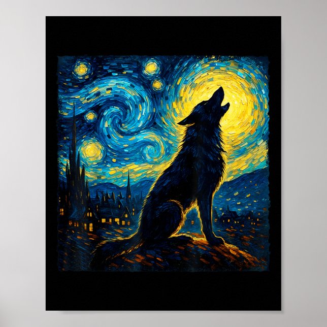 Affiche Wolf Starry Night Howling Lune Drôle Pour Hommes F (Devant)
